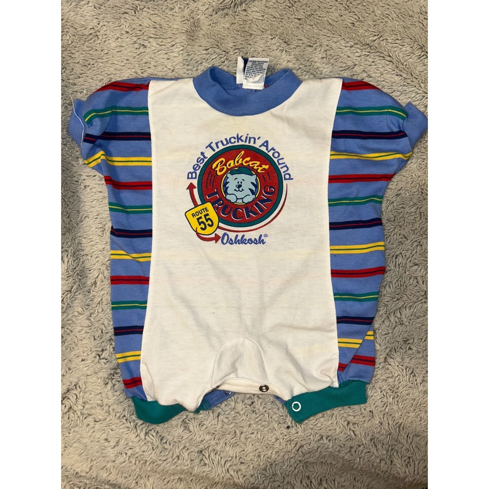 Vintage OshKosh Bgosh Baby Romper 3-6M Bobcat Trucking Route 55 Striped USA Made